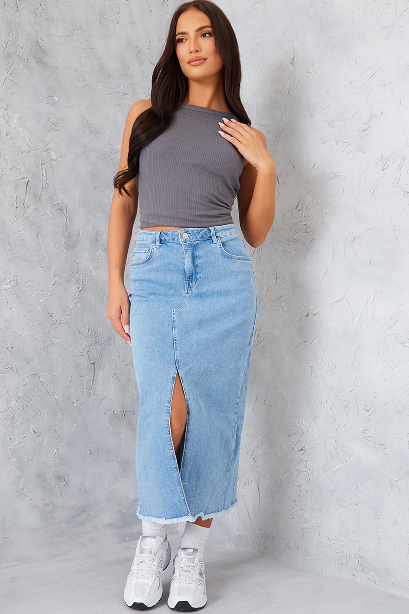 Denim Split Detail Midi Skirt - Image 13