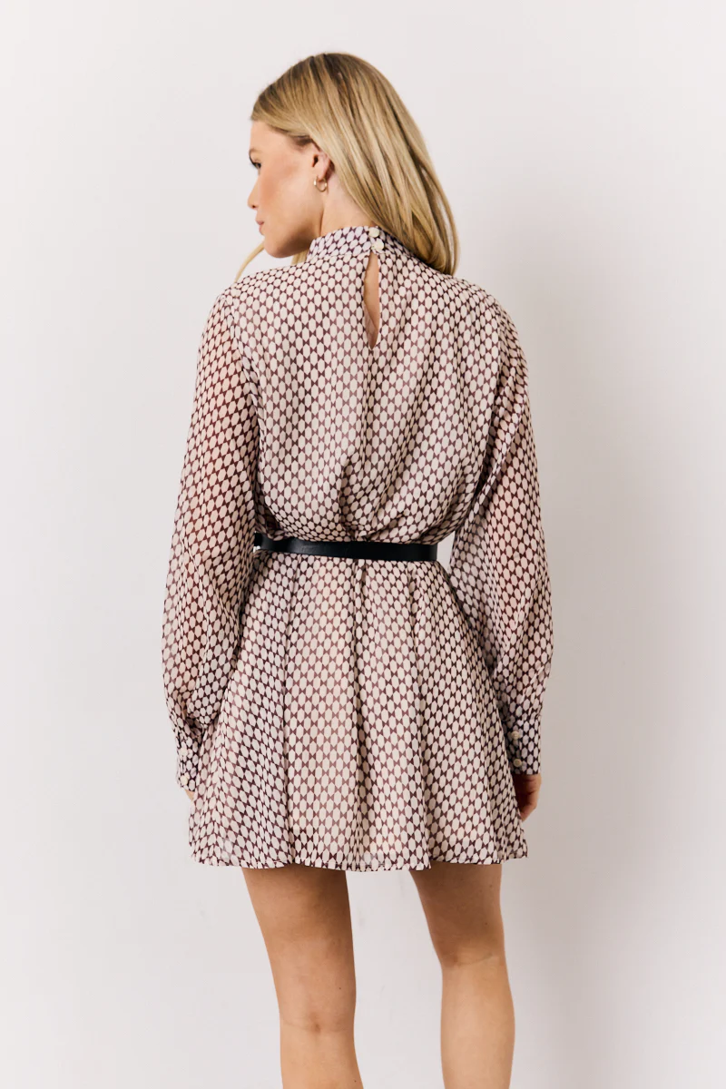 Cream Geometric Print Chiffon High Neck Mini Swing Dress - Image 4