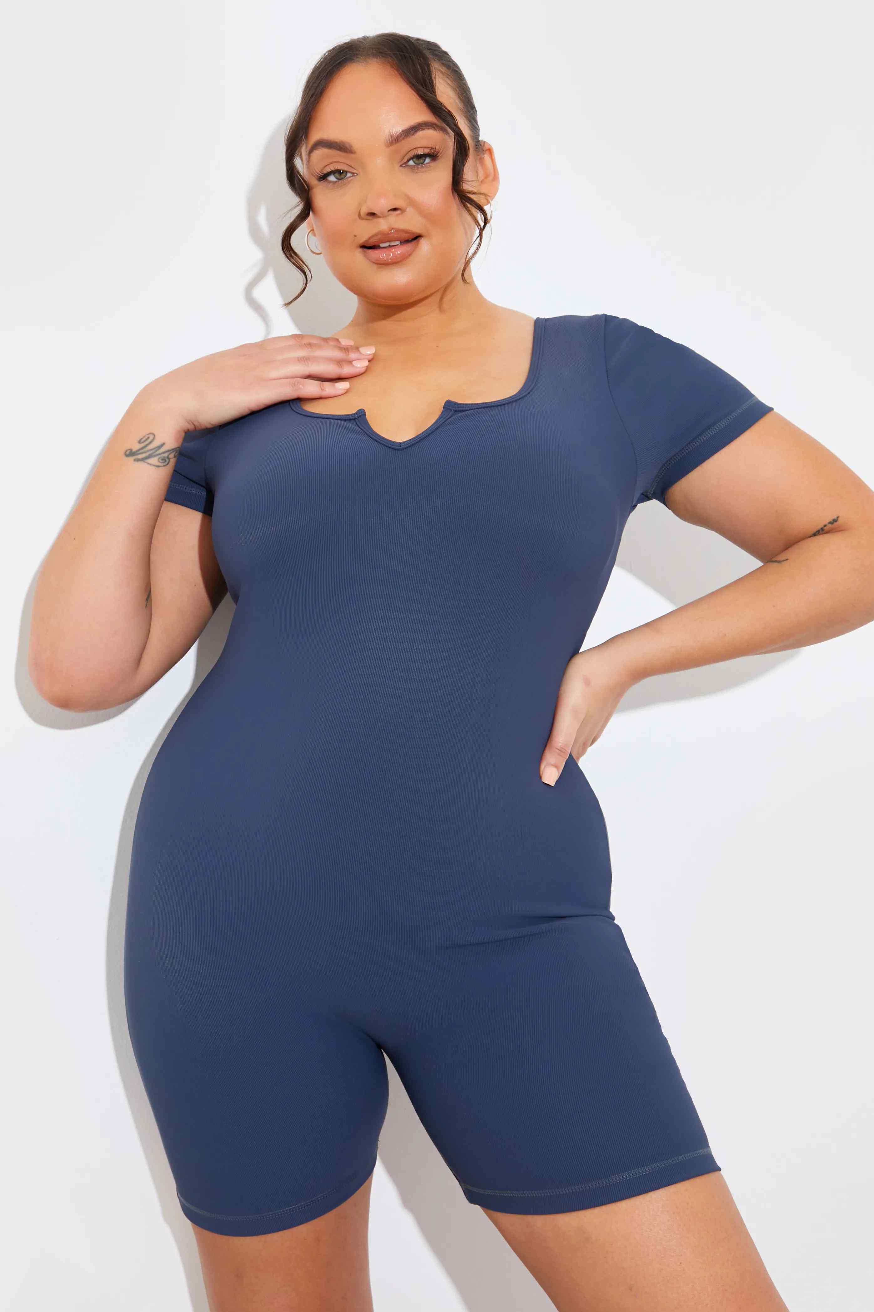 Built-In Bra Notched Neck Short Sleeve Sculpt and Control Short Unitard - Image 16