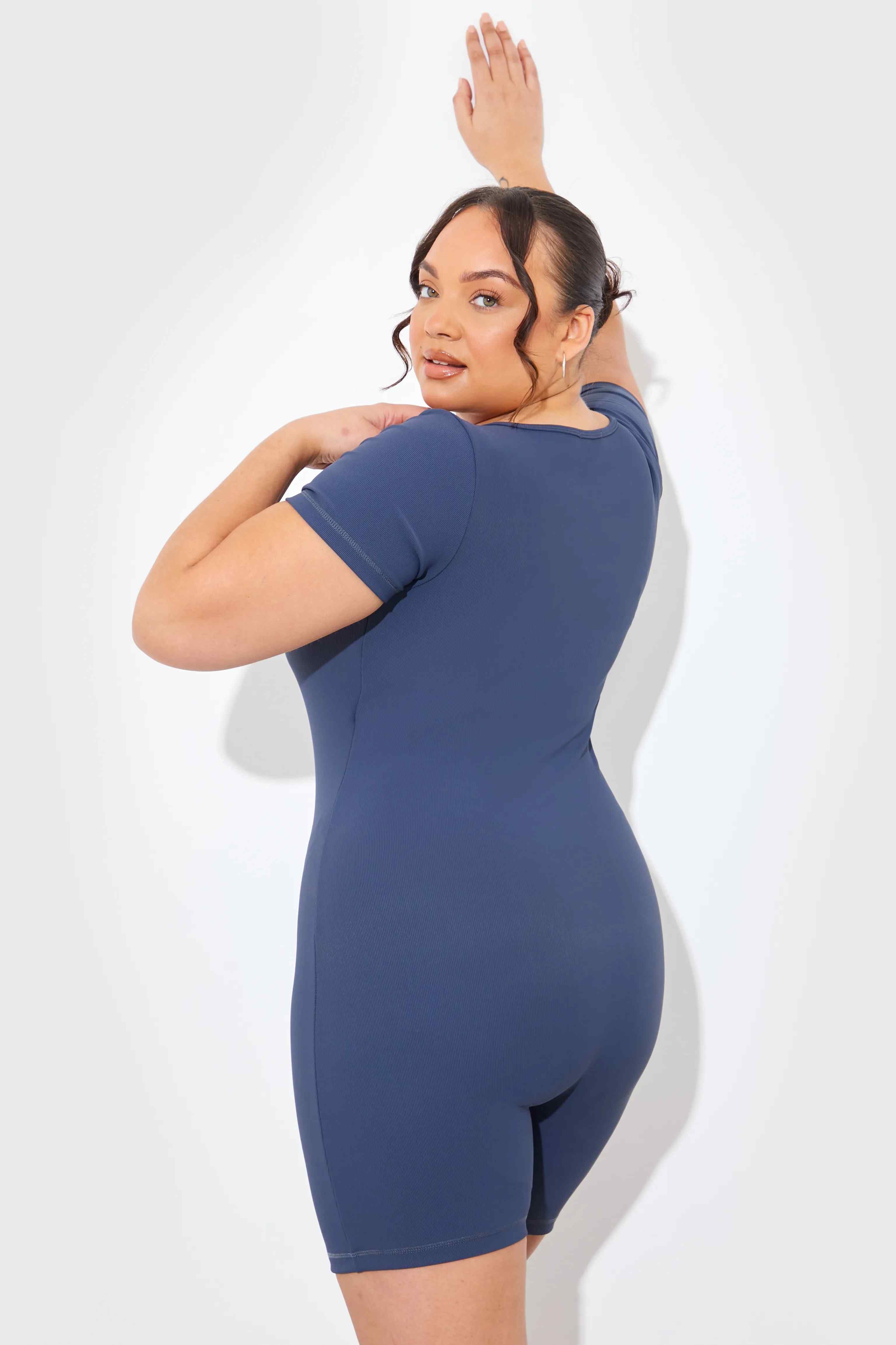 Built-In Bra Notched Neck Short Sleeve Sculpt and Control Short Unitard - Image 17