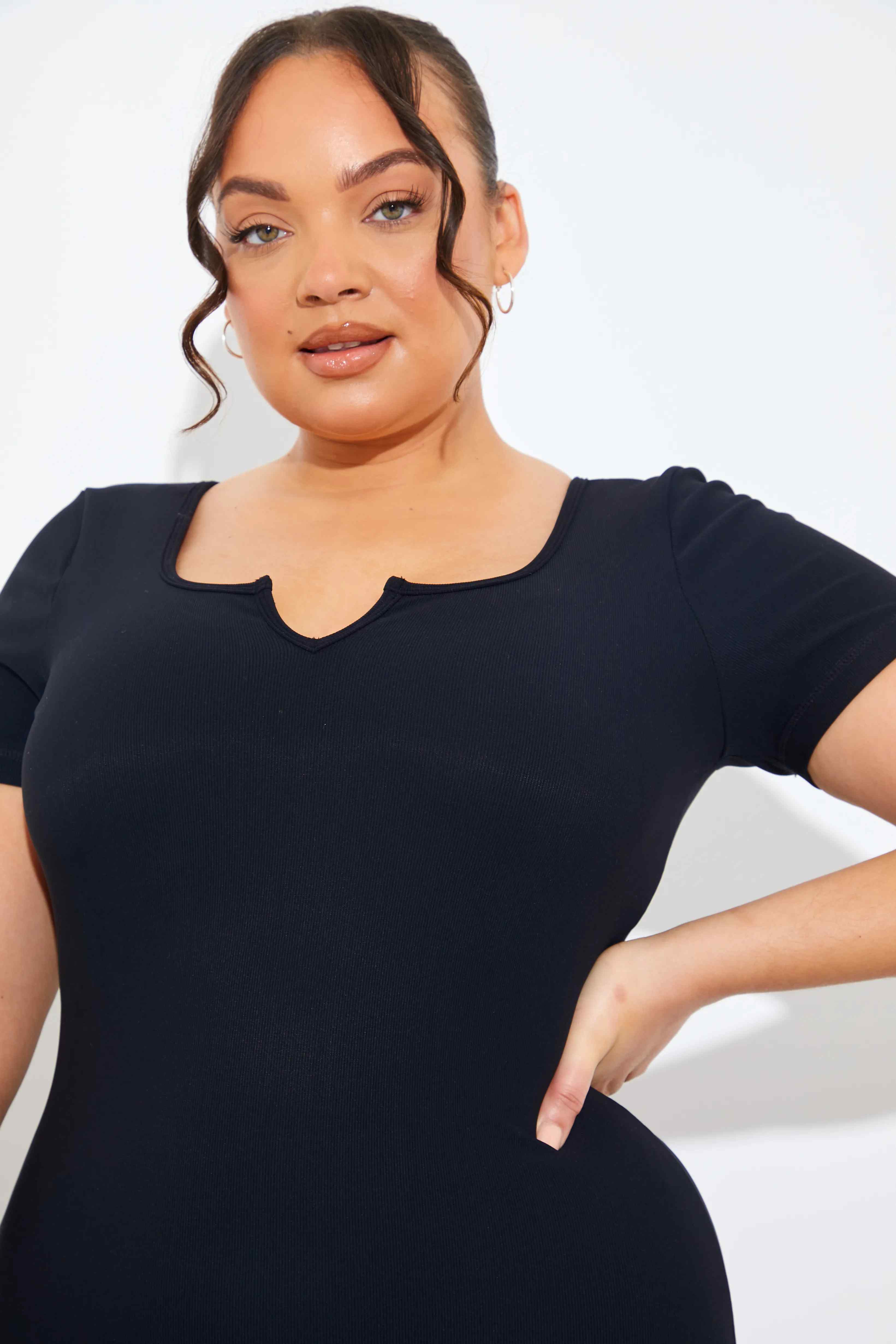 Built-In Bra Notched Neck Short Sleeve Sculpt and Control Short Unitard - Image 6