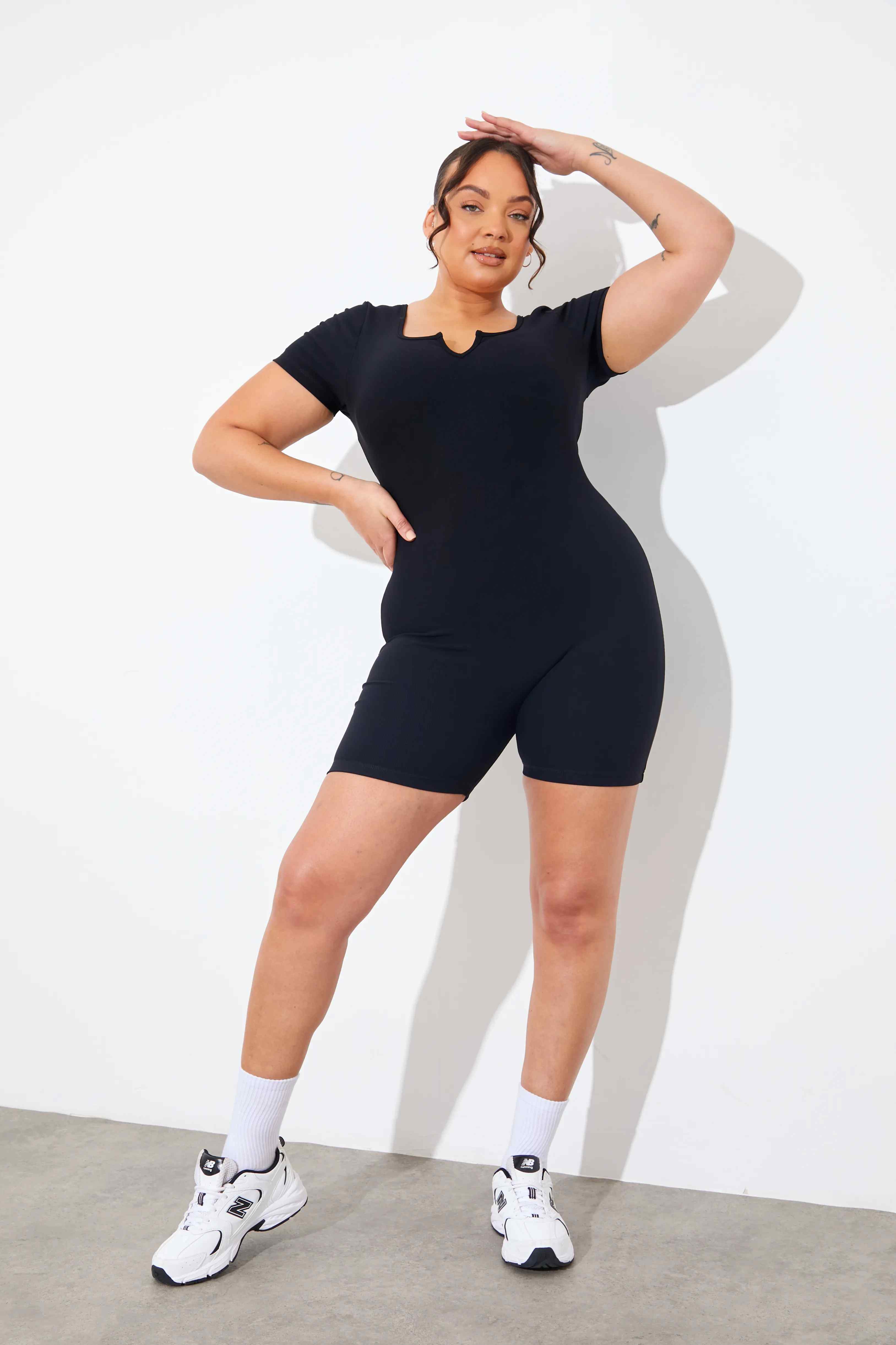Built-In Bra Notched Neck Short Sleeve Sculpt and Control Short Unitard - Image 8