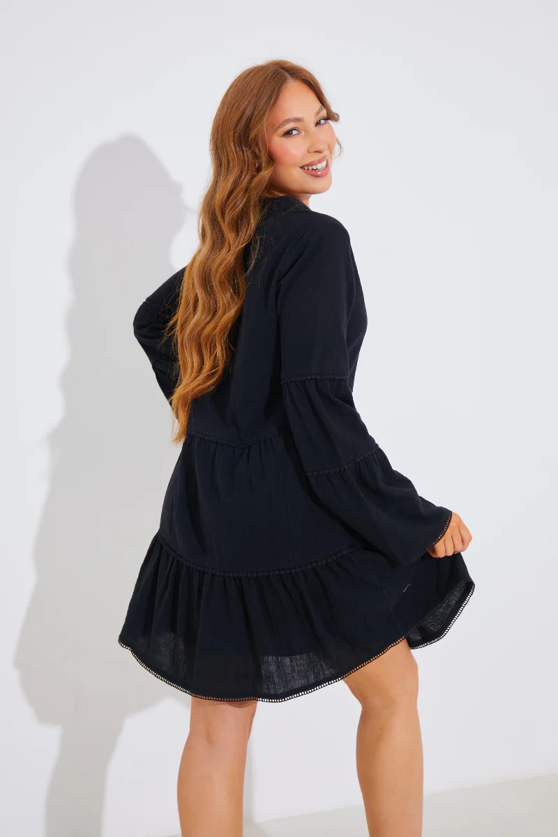Trim Detail Tiered Long Sleeve Smock Dress - Image 3