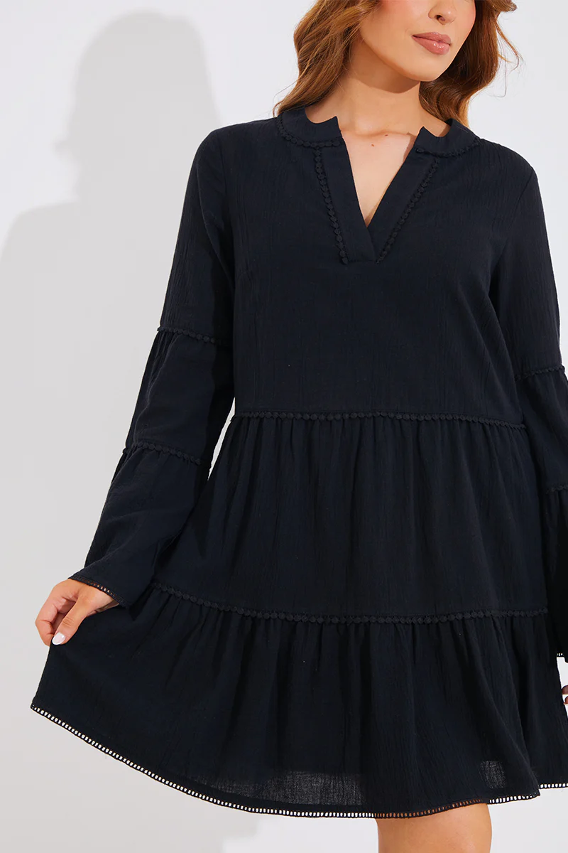 Trim Detail Tiered Long Sleeve Smock Dress - Image 4