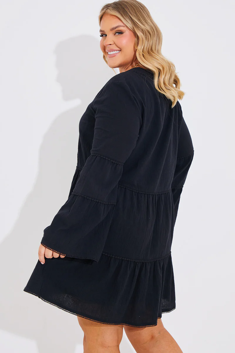 Trim Detail Tiered Long Sleeve Smock Dress - Image 9